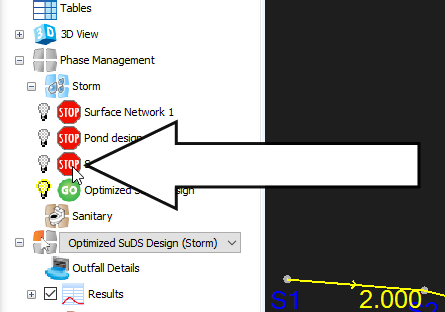 A closeup of the Tree View, focusing on the Phase Management nodes, where the new Optimized SuDS Design phase is the only one visible and current.