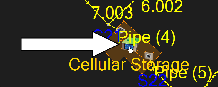 A closeup of the cellular storage object in the drainage model, with a callout pointing to the Cellular Storage icon and the cursor appearing as a pointing hand.