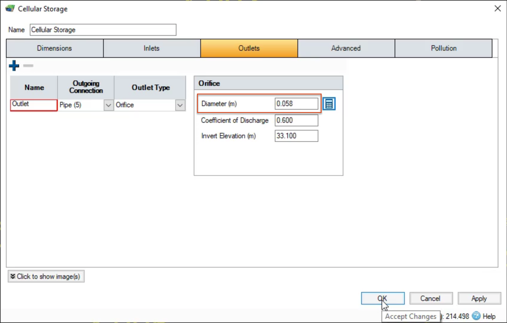 The Cellular Storage dialog box, with the Outlets tab active and the Diameter highlighted.