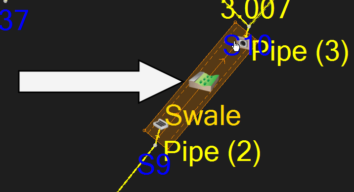 A closeup of the swale object in the drainage model, with a callout pointing to the Swale icon and the cursor appearing as a pointing hand.