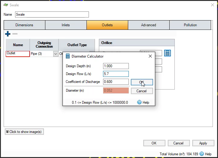 The Swale dialog box open in the background, with the Diameter Calculator open in the foreground. The Design Flow has been changed to 5.7, and so the Diameter is shown as being calculated at 0.052 meters.