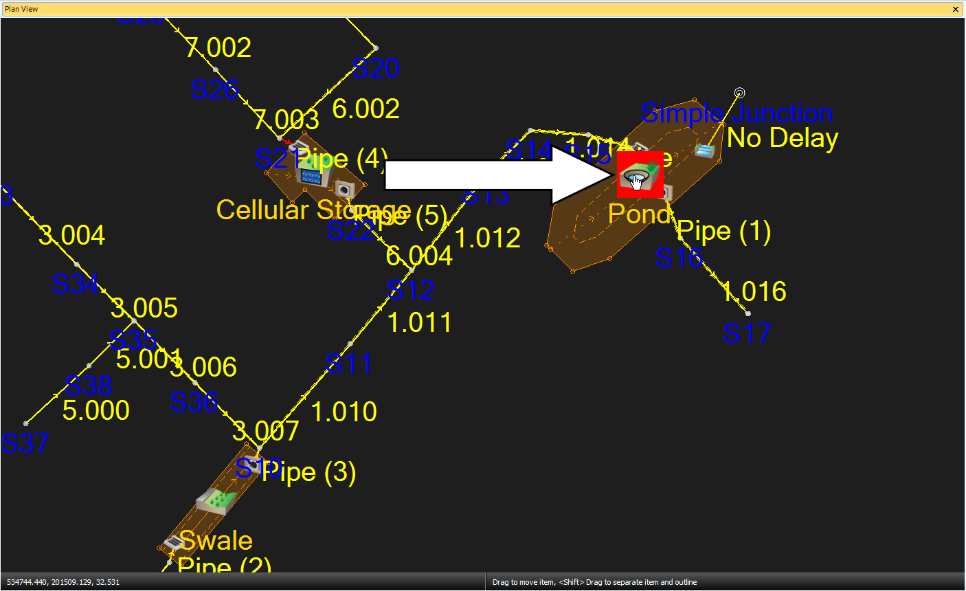 The Plan View, showing the Swale, Cellular Storage, and Pond objects, with the Pond icon called out.