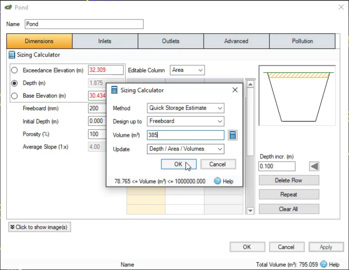 The Pond dialog box, Dimensions tab in the background, and the Sizing Calculator in the foreground. The Volume has been changed to 385, and the calculation is being made.