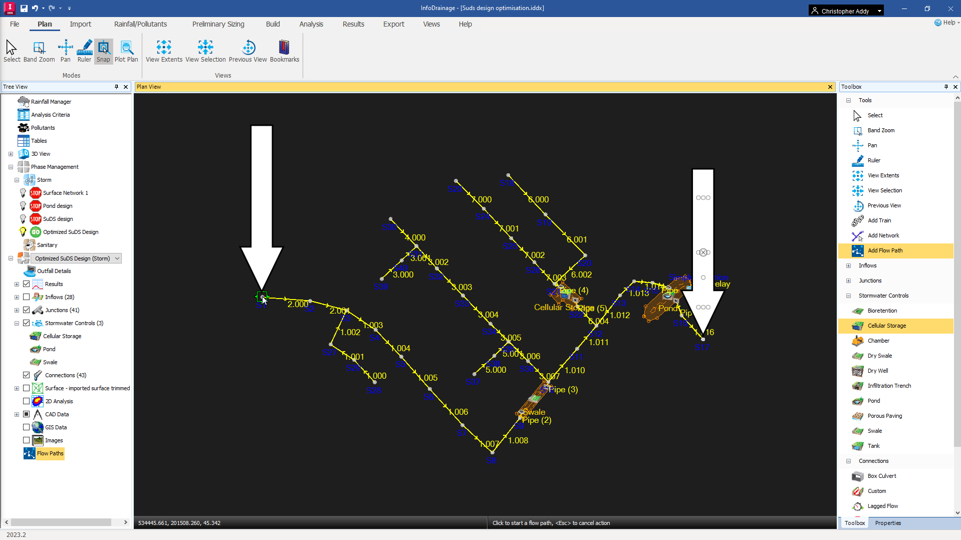 The InfoDrainage interface, with the entire model showing in the Plan View. The S1 and S17 manholes are being called out, as they are the start and end points for the flow path.