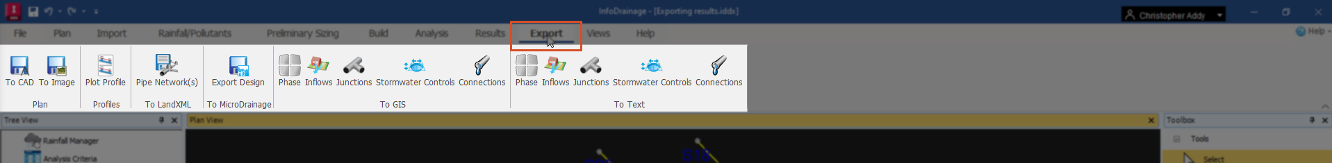 The top of the InfoDrainage interface, with the Export tab already activated and the choices highlighted. The Plan, Profiles, To LandXML, To MicroDrainage, to GIS, and To Text panels contain all the various export tools.