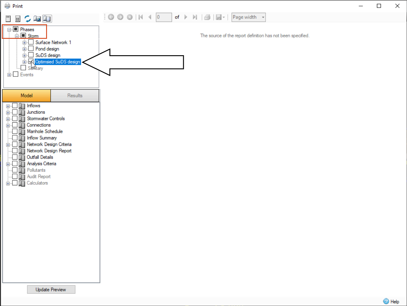 The Print dialog box, with the Phases and Storm options shown as active and the Optimized SuDS Design option called out.