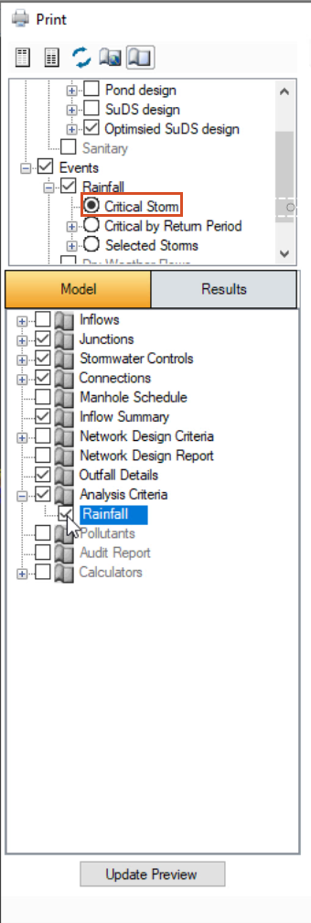 A closer view of the selections in tree view format in the Print dialog box, with Critical Storm highlighted and the required Model options enabled.