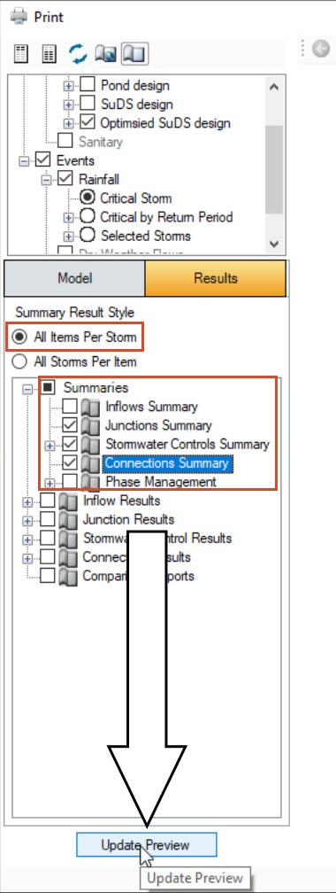 A closer view of the selections in tree view format in the Print dialog box, with Critical Storm highlighted and the required Results options enabled. The Update Preview button is called out as well.