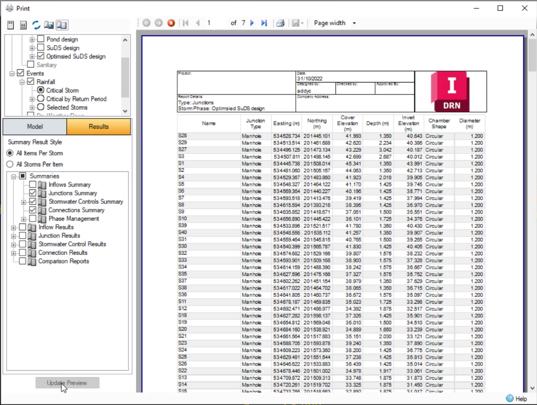 The Print dialog box, with the preview of the report showing in the Preview panel within the dialog box.