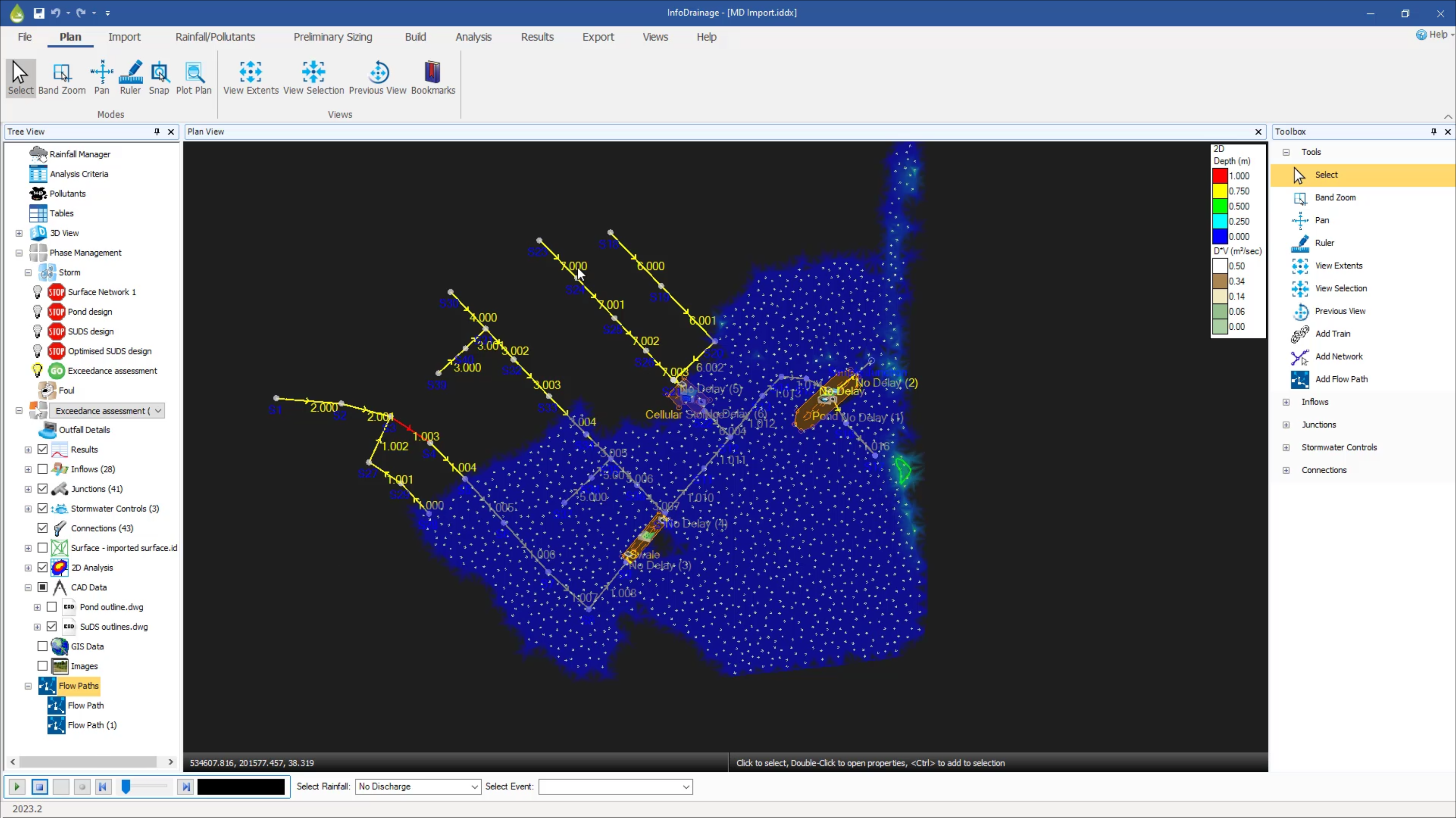 The InfoDrainage interface, with a complete drainage model and a flooding simulation running. The Plan View shows the flooded areas in blue.