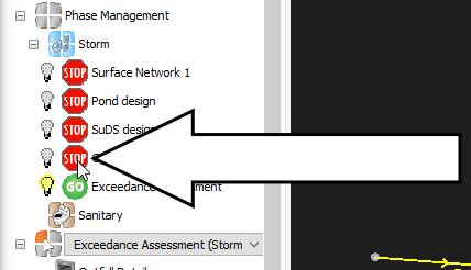 A portion of the Tree View in InfoDrainage, showing only the Exceedance Assessment phase on and running, with a callout to the other phases not in use showing a red stop sign.