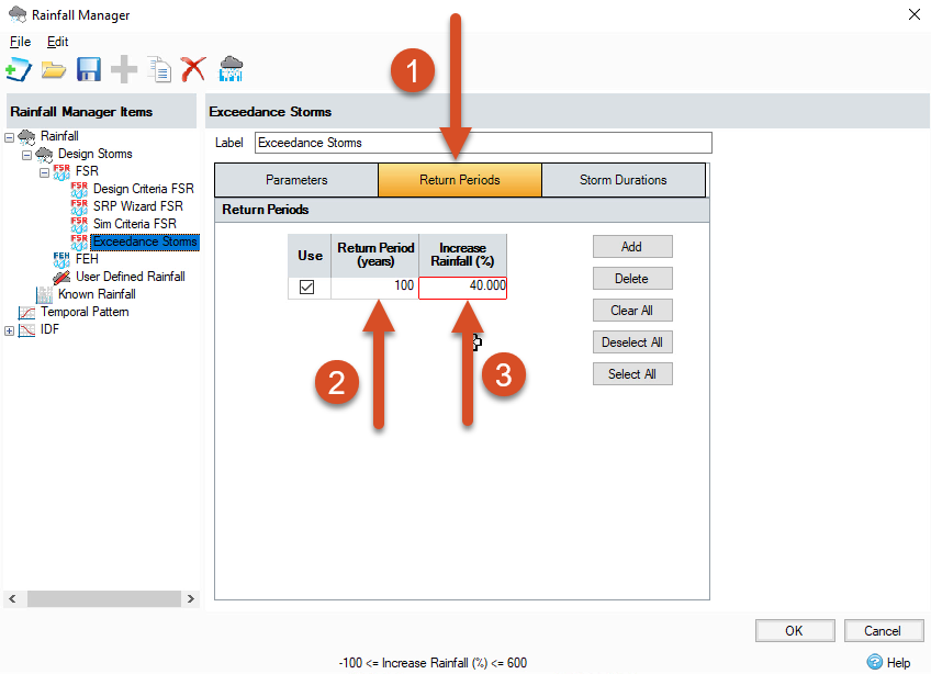 The Rainfall Manager, showing that the Exceedance Storms event is set current, the Return Periods tab as active, and the return periods have been configured.