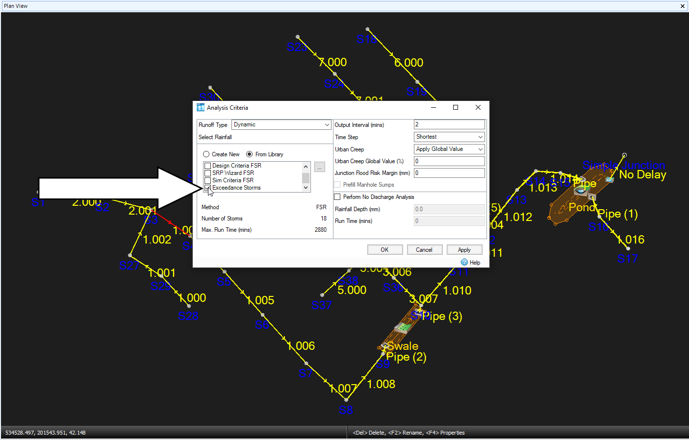 The Plan View in the background with the Analysis Criteria dialog box in the foreground, with the Exceedance Storms event being turned on, and the others already off.