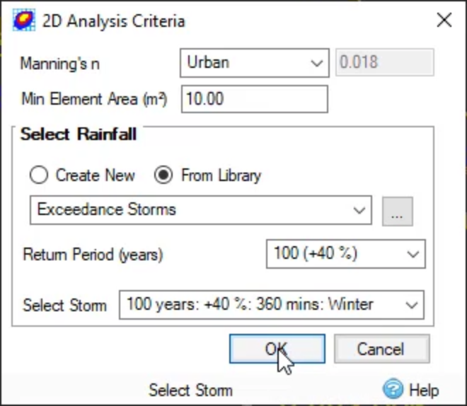 The 2D Analysis Criteria dialog box, with the settings configured and the rare, 100-year storm selected for analysis.