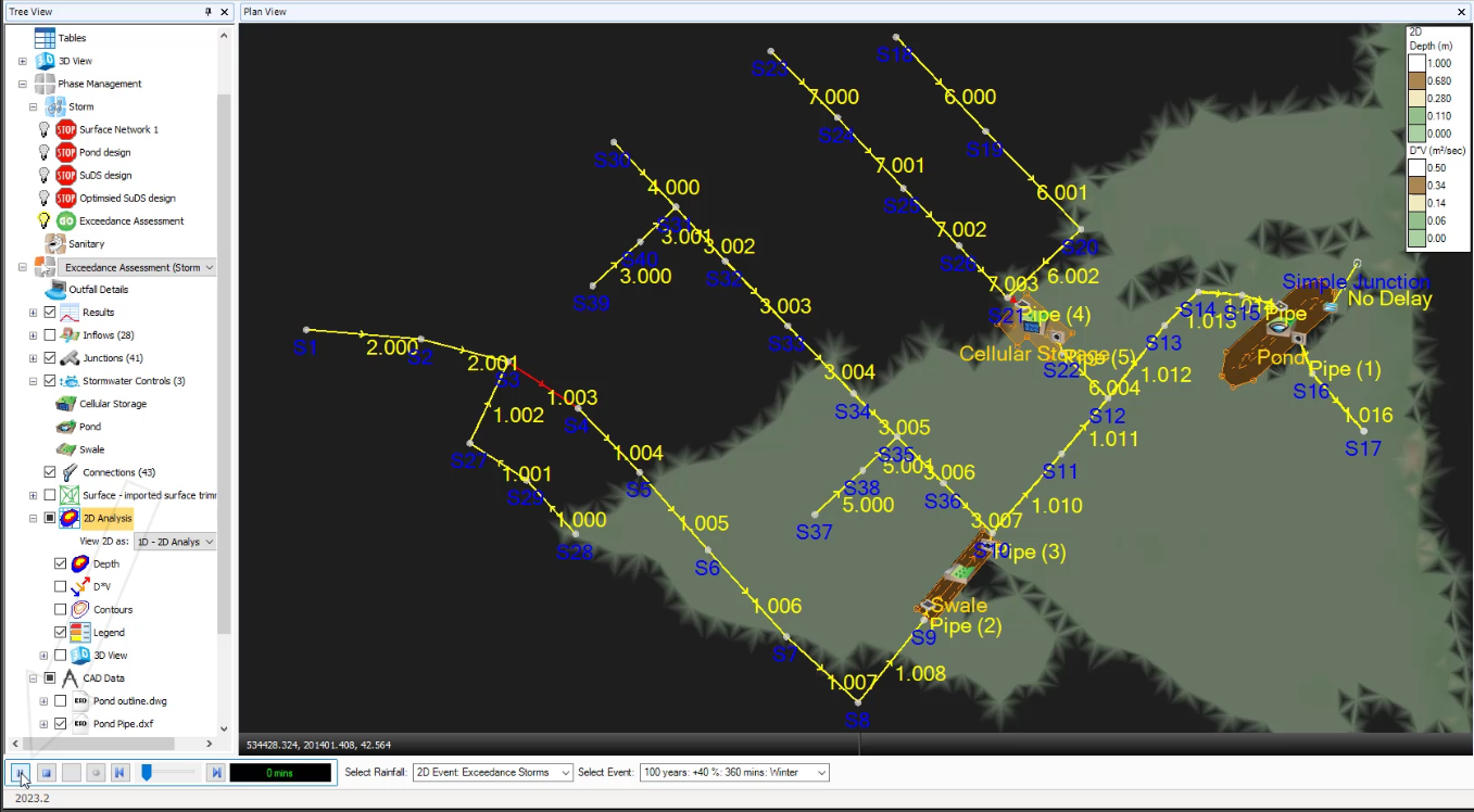 The Tree View and Plan View, with the replay button being clicked to see the flooding across the catchment surface. In the bottom of the Tree View, you can see that both Depth and Legend have been turned on, and the cursor has clicked the Play button.