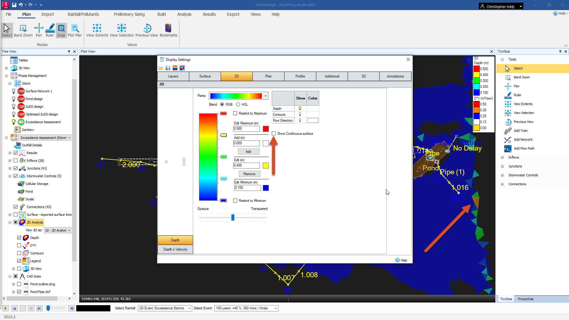 The InfoDrainage interface, with the flooded surface showing in the background in the Plan View behind the Display Settings dialog. The Show Continuous Surface option is off, and the image of the flooding appears crisp, with clearly defined triangles.