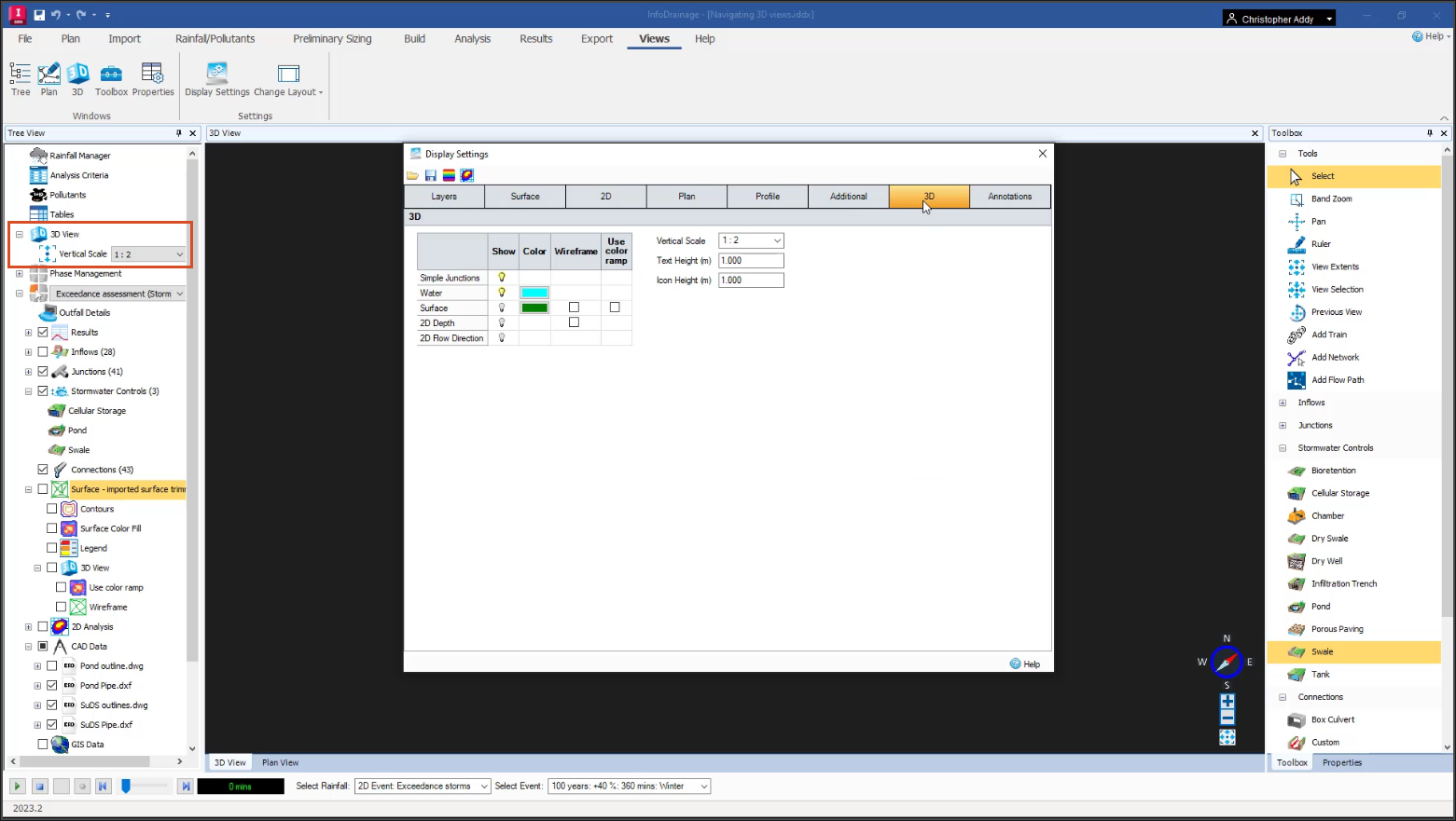 The InfoDrainage interface, with the 3D View and Vertical Scale nodes highlighted in the Tree View, and the Display Settings dialog box open in front of the 3D view. The 3D tab is active in the Display Settings dialog box, which contains the three-dimensional display tools.