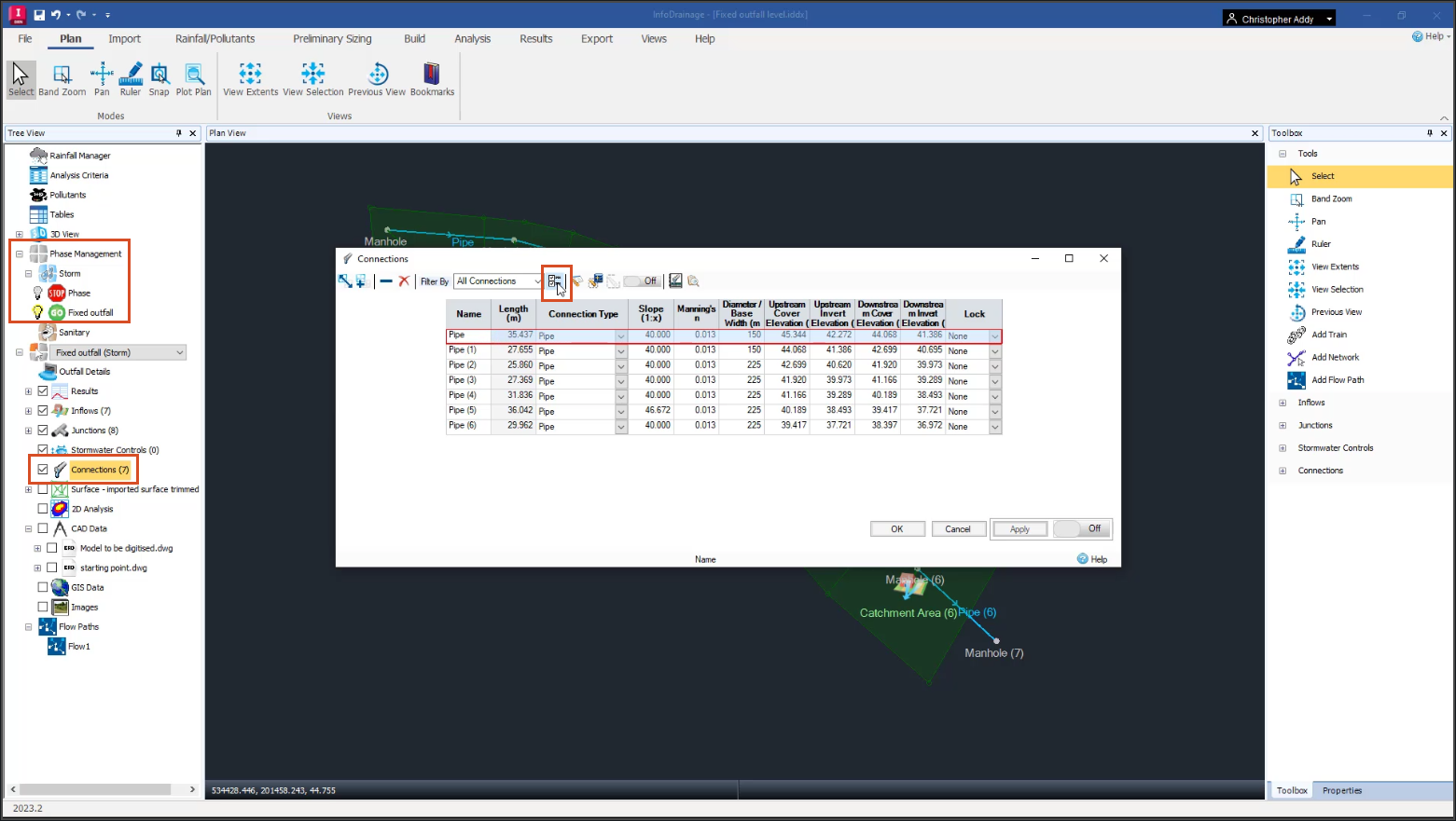 The InfoDrainage interface, with the Connections dialog box open and the Preferences button highlighted. In the Tree View, the new phase changes are also highlighted, as is the Connections node.