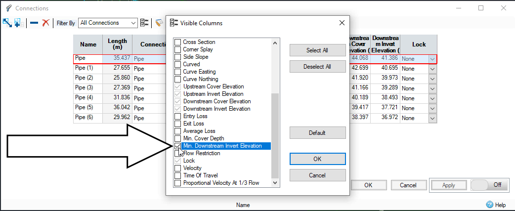 The Connections dialog box in the background, with the Visible Columns dialog box open in front, and a callout pointing to the option for Minimum Downstream Invert Elevation being turned on.