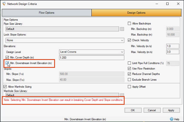 The Network Design Criteria dialog box, with the Minimum Downstream Invert Elevation enabled and highlighted, and a warning highlighted also.