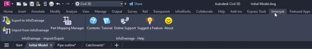The Autodesk Civil 3D ribbon after installing the Civil 3D plug-in, with an added InfoDrainage tab on the ribbon.