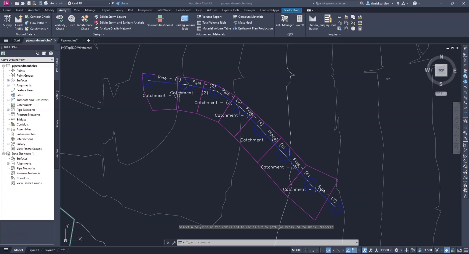 A surface model that was designed in Civil 3D and is now imported into the InfoDrainage interface for the hydrology design.