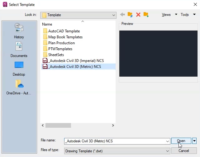 In Civil 3D, the Select Template dialog box with the Metric templates highlighted and Open selected.