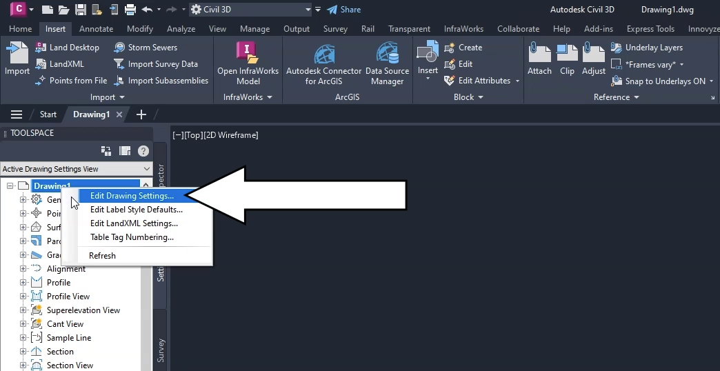 In the Toolspace, Settings tab, the shortcut menu for the current drawing with Edit Drawing Settings selected and called out.