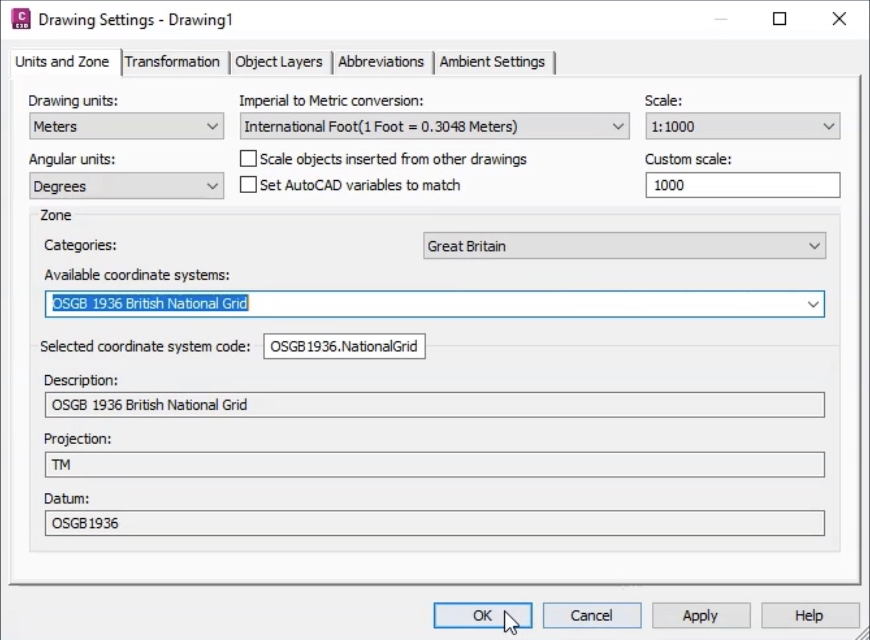 The Drawing Settings dialog box with options configured for the UK grid coordinate system and OK selected.