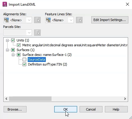 The Import LandXML dialog box with the Surfaces and Surface description nodes expanded, the SourceData node deselected and OK selected.