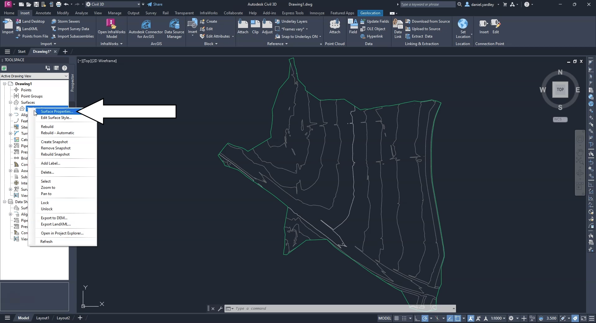 The surface model displayed in the drawing window; and in the Toolspace, Prospector tab, the Surface1 shortcut menu with Surface Properties selected.