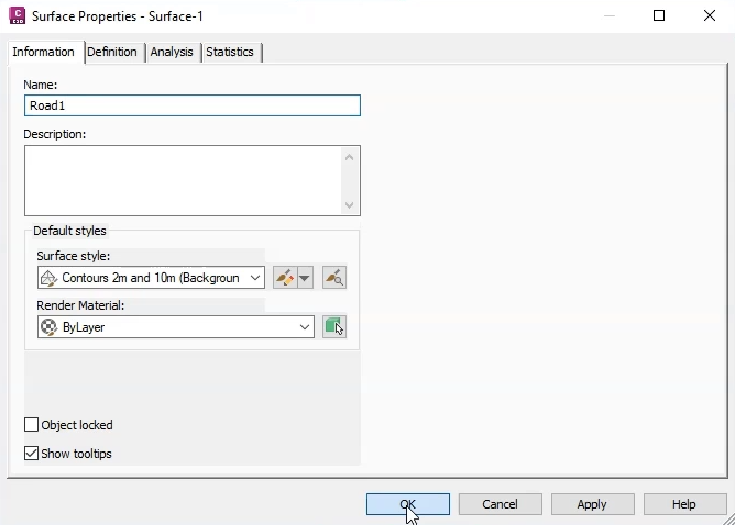 The Surface Properties dialog box with the Name changed to “Road1” and OK selected.