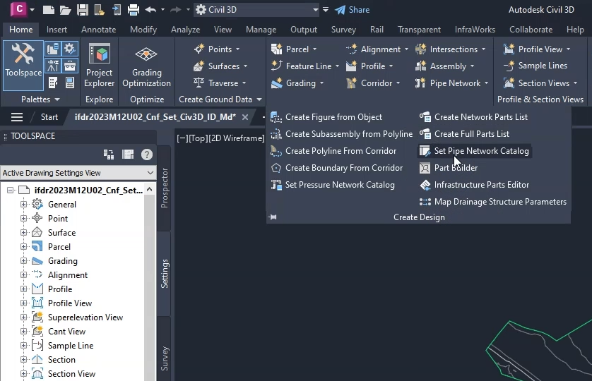 In the Civil 3D interface, the Home tab, Create Design panel with Set Pipe Network Catalog selected.