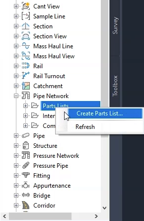 In the Toolspace, Settings tab, the Parts List shortcut menu expanded with Create Parts List selected.