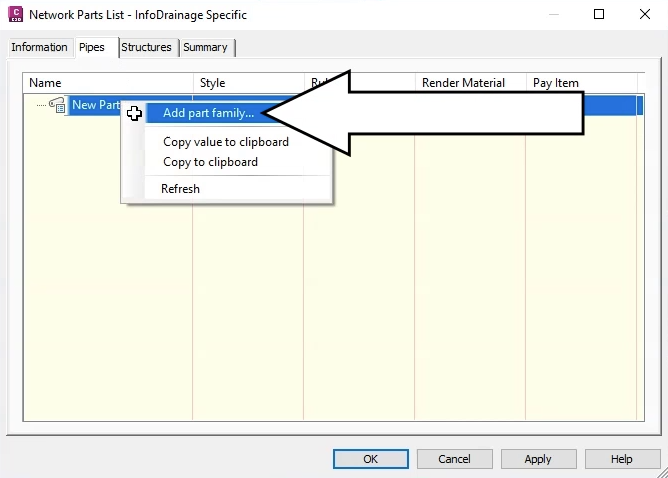 In the Network Parts List – InfoDrainage Specific dialog box, the New Parts List shortcut menu expanded with Add part family selected.