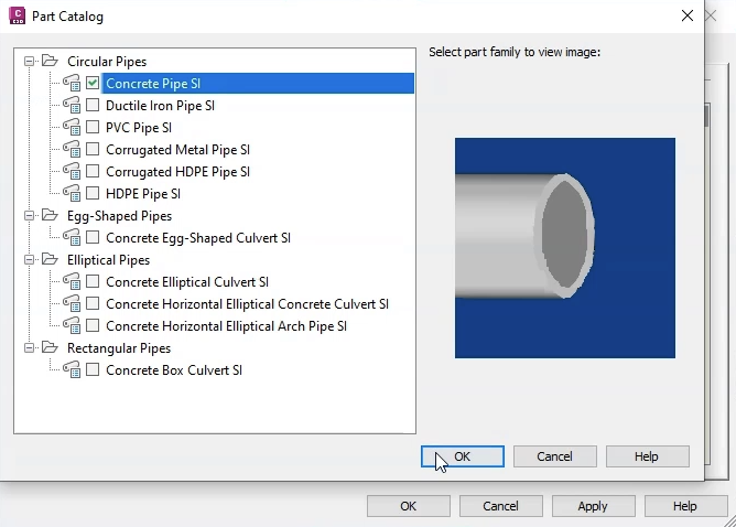 The Part Catalog with Concrete Pipe SI highlighted and OK selected.