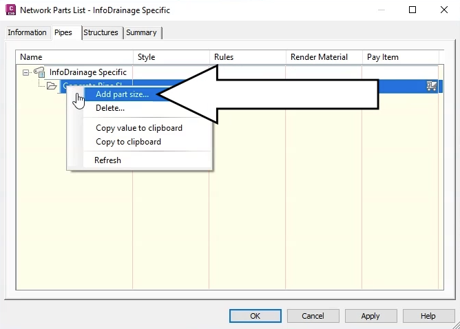 In the Network Parts List – InfoDrainage Specific dialog box, the Concrete Pipe SI shortcut menu expanded with Add part size selected and called out.