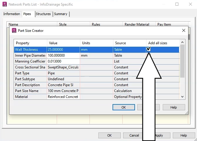 In the Part Sizes Creator, in the Wall Thickness row, the Add all sizes option enabled and called out.