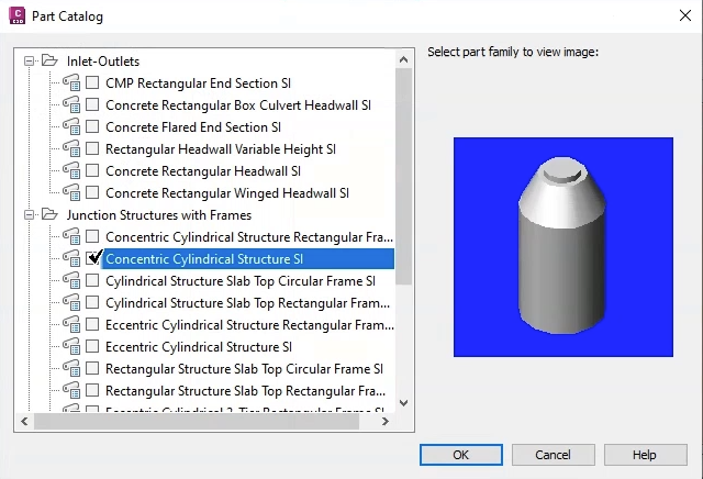 The Part Catalog with Concentric Cylindrical Structure SI selected and highlighted.