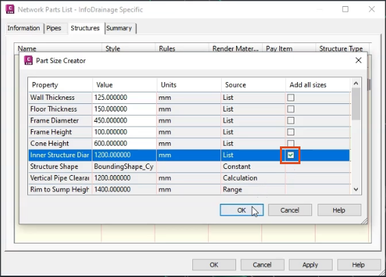 The Part Size Creator open in front of the Network Parts List, with the Add all sizes option enabled for the Inner Structure Diameter in the table.