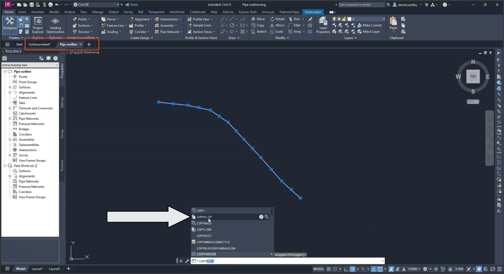 The Civil 3D interface, with Surfacecreated.dwg and Pipe outline.dwg open in drawing tabs, the pipes selected, and the COPYCLIP command being selected from the Command line.