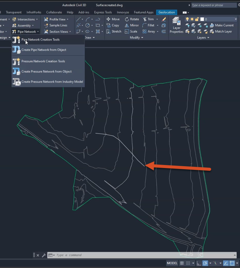 The center of the Civil 3D interface focused on the pasted pipes now showing in the surface, and the Pipe Network Creation Tools being activated from the ribbon.