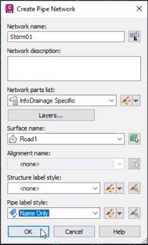 The Create Pipe Network dialog box, with the network and surface options configured for the Storm01 pipe network.