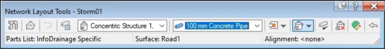 The Network Layout Tools toolbar for the Storm01 pipe network configured with the structure and pipe types selected.