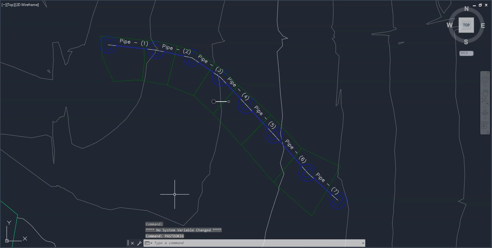 The pipesandmanholes.dwg open in the Civil 3D drawing window, with the subcatchment objects pasted in and oriented correctly using the PASTEORIG command.