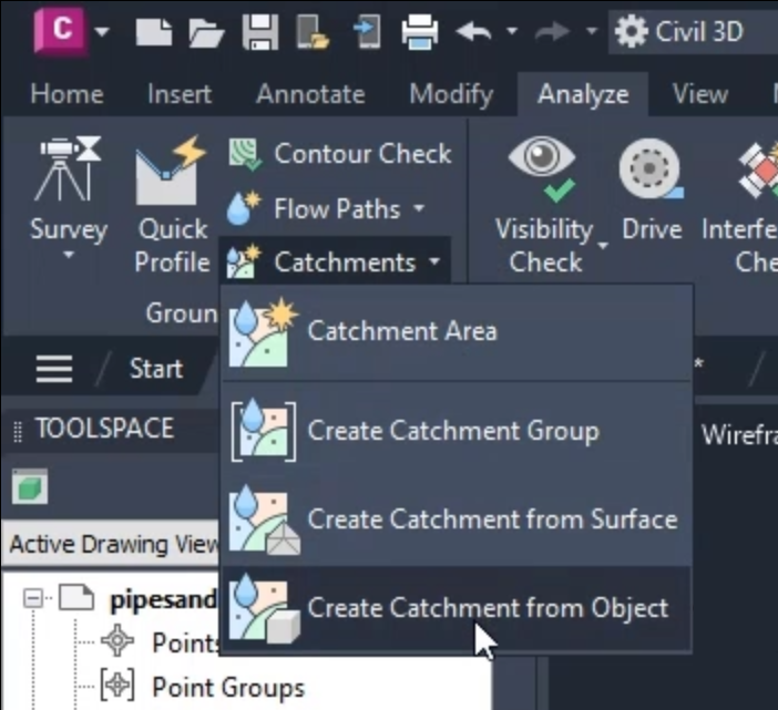 The Catchments drop-down of the Analyze tab of the Civil 3D ribbon, where Create Catchment from Object is being selected for this exercise.