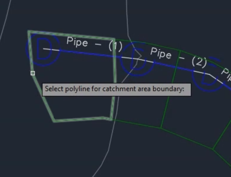 A closeup of the first catchment area in the drawing; it is highlighted green for selection.