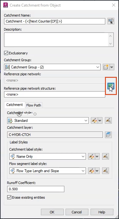 The Create Catchment from Object dialog box, with the Select reference structure button highlighted as being selected.