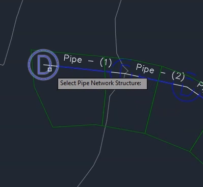 The first manhole structure of the pipe network being selected as the reference for the first subcatchment object.