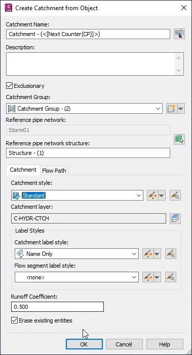 The Create Catchment from Object dialog box, with the settings configured for the first subcatchment to be created.